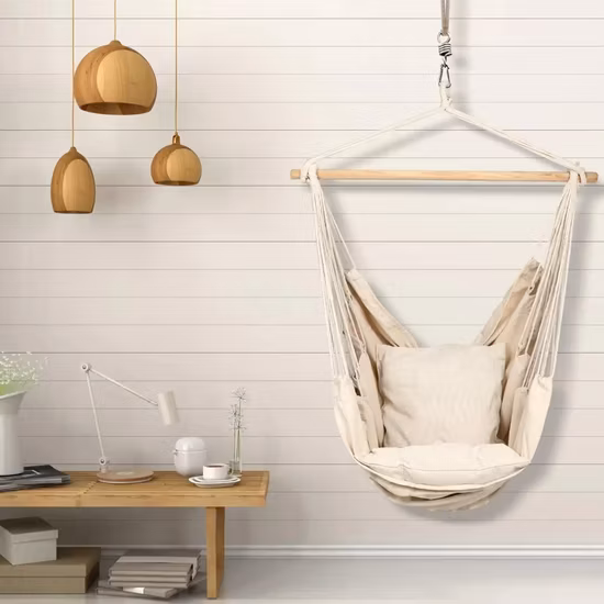 Sedia amaca in corda di cotone con macramè, sedia a dondolo, altalena da giardino, sedia sospesa amaca con nappa, altalena a nido, altalena a cestino